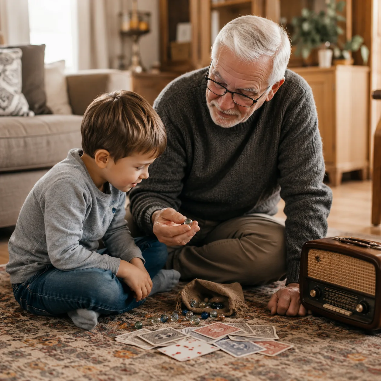 Realistic editorial photo of a grandparent showing a child marbles, playing cards, and an old radio on a living room rug