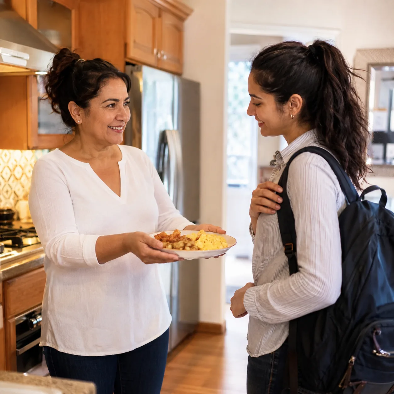 Realistic editorial photo of a Latina mother offering a quick breakfast plate before an adult child leaves for work, war