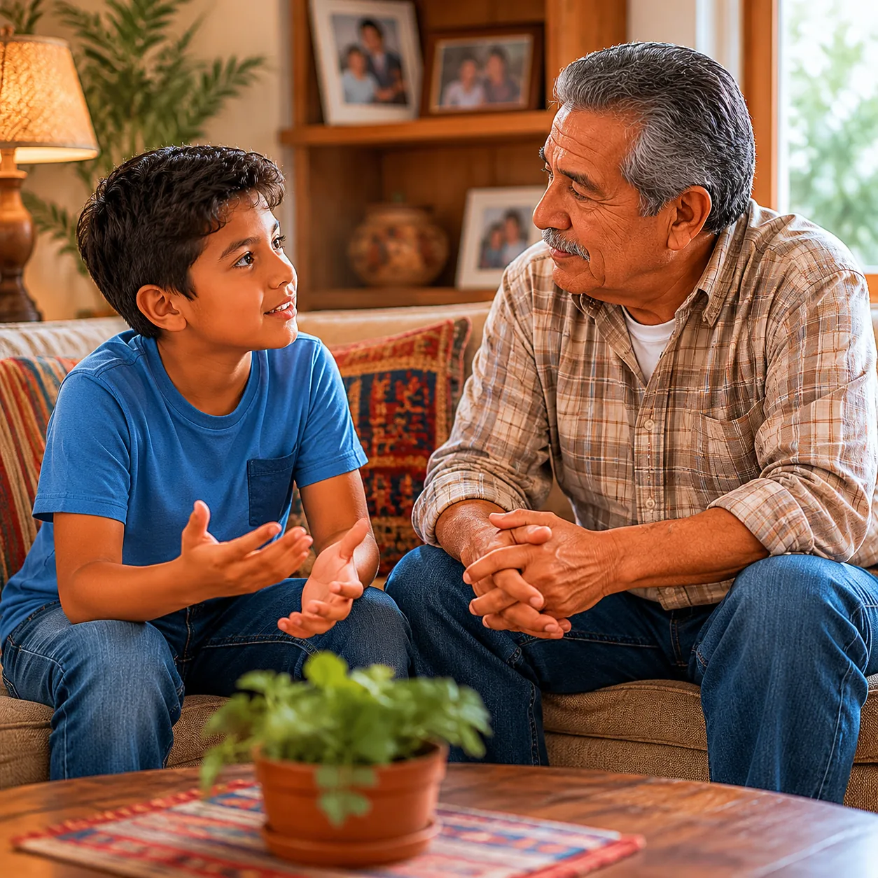 Realistic editorial photo of a Latino child answering respectfully to an elder in a cozy family living room, warm natura