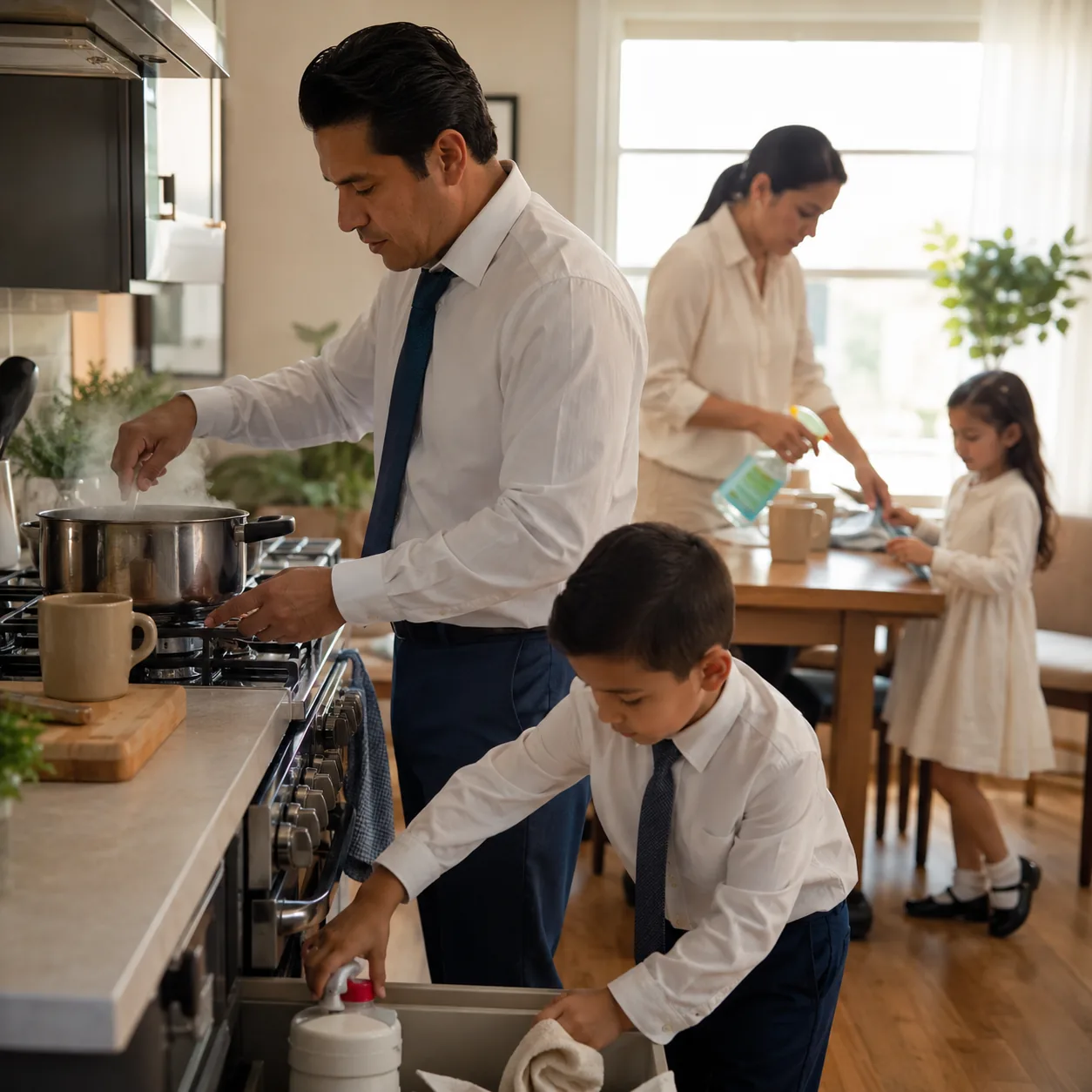 Realistic editorial photo of a Latino family Sunday morning with coffee, dress clothes, cleaning supplies, and a pot on