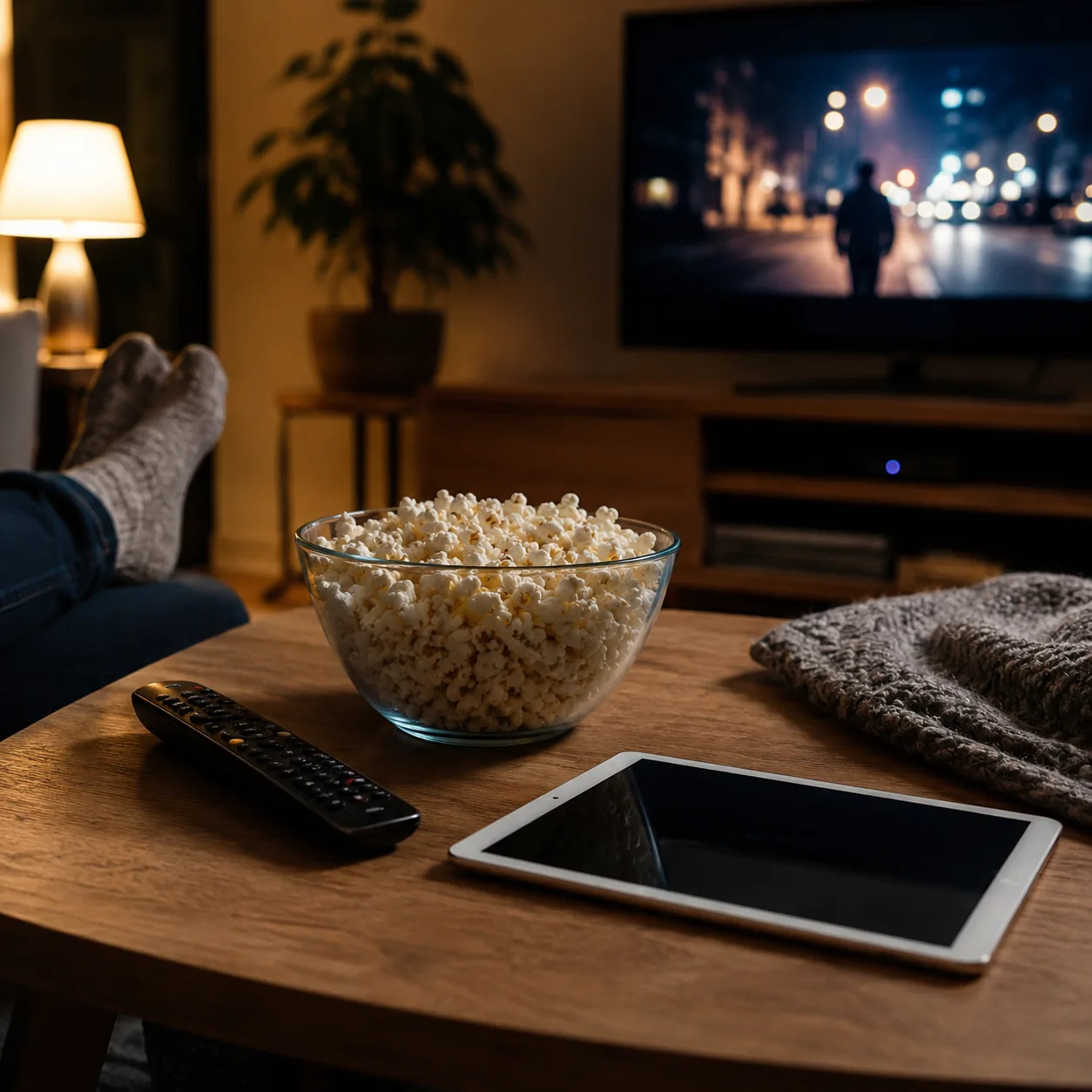 Realistic editorial photo of a living room movie night with remote, popcorn, and tablet on a coffee table, practical ent