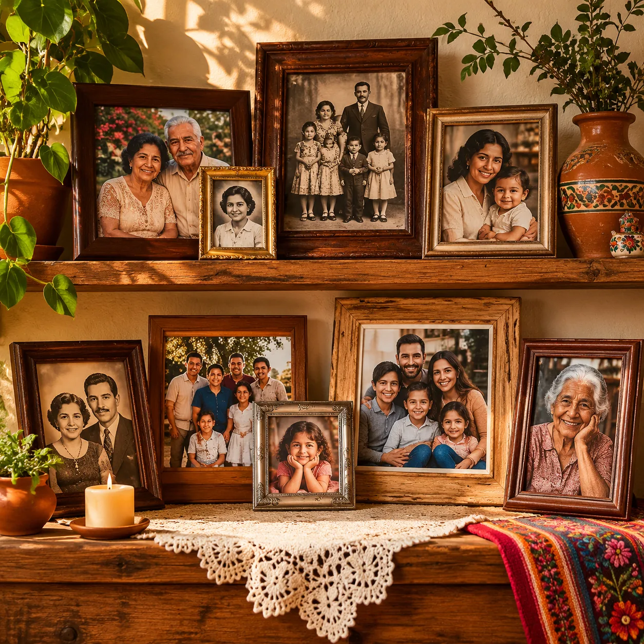 Realistic editorial photo of a living room shelf filled with framed family photos from different generations in a warm L