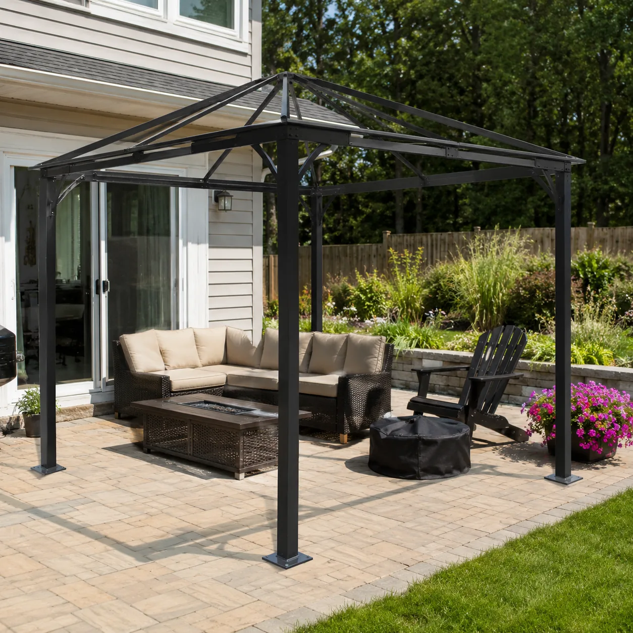 Realistic editorial photo of a metal gazebo frame on a patio with anchor hardware and outdoor furniture nearby, practica