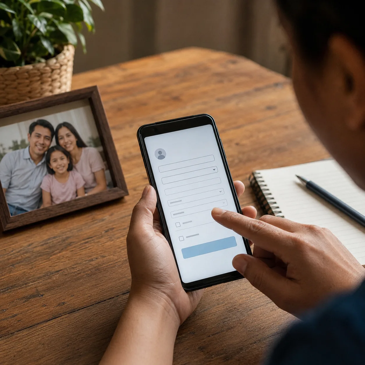 Realistic editorial photo of a person filling out a money transfer form on a phone beside a family photo and notebook, w