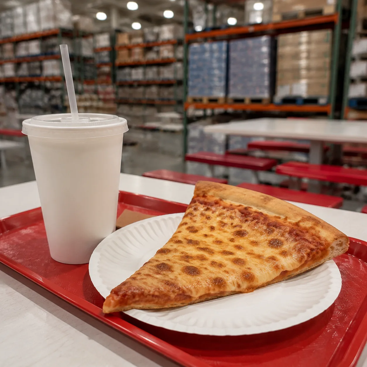 Realistic editorial photo of a warehouse food court tray with pizza slice and drink on a clean table, practical shopping