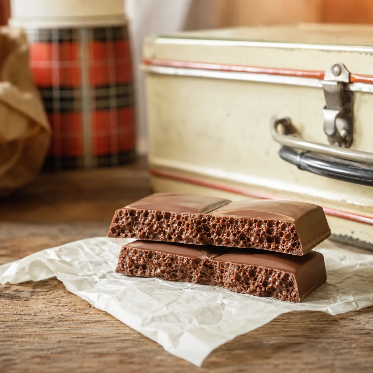Realistic editorial photo of an airy chocolate bar with bubbles visible in the broken center beside a vintage lunchbox, 