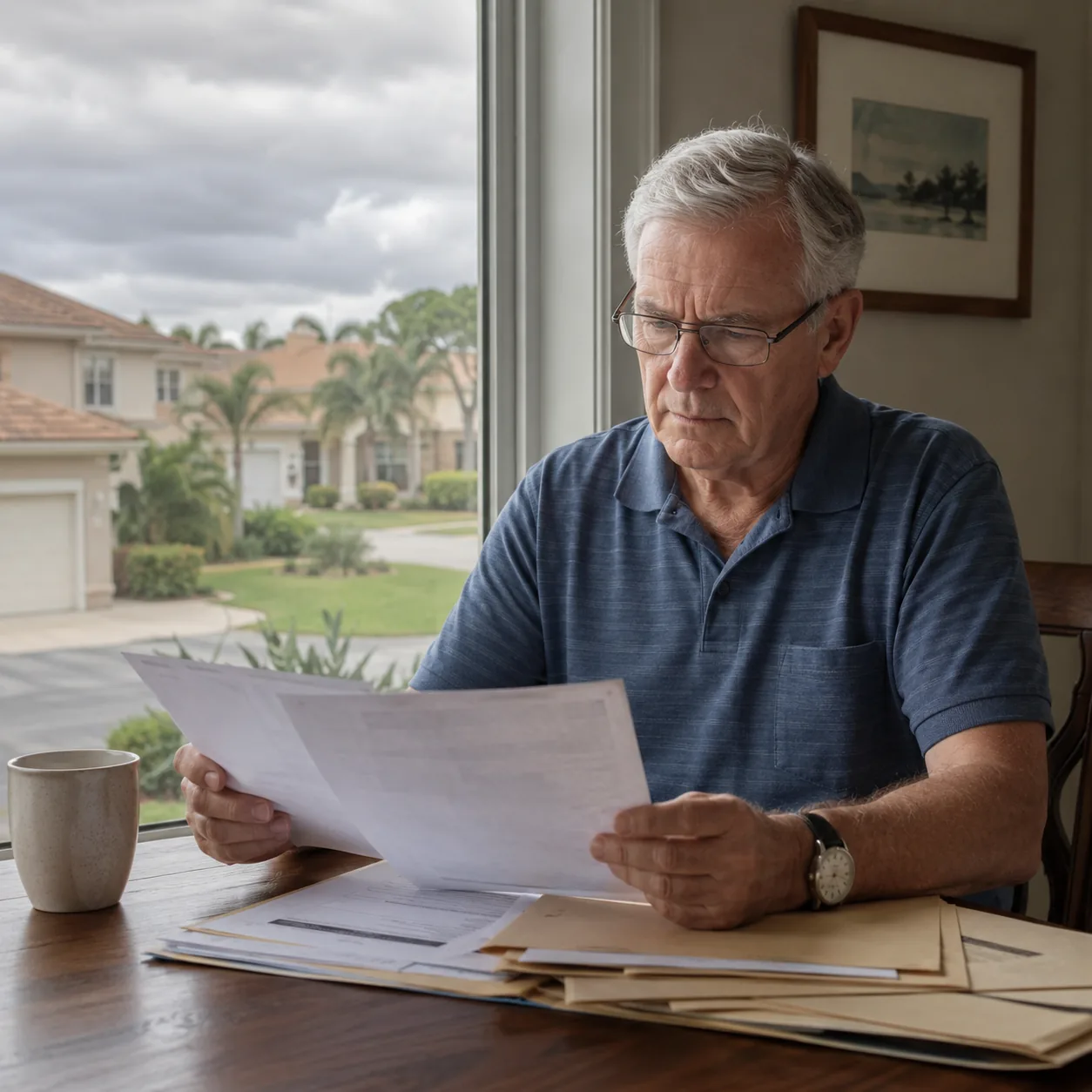 Realistic editorial photo of an older homeowner looking at insurance paperwork near a window during a cloudy afternoon i