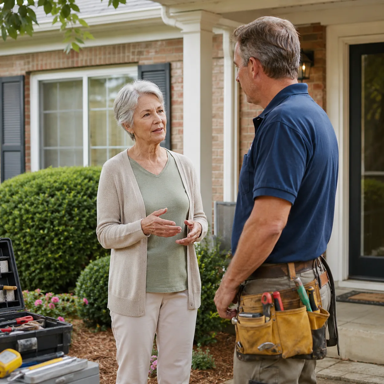 Realistic editorial photo of an older homeowner speaking with a contractor outside a retirement home with repair tools n