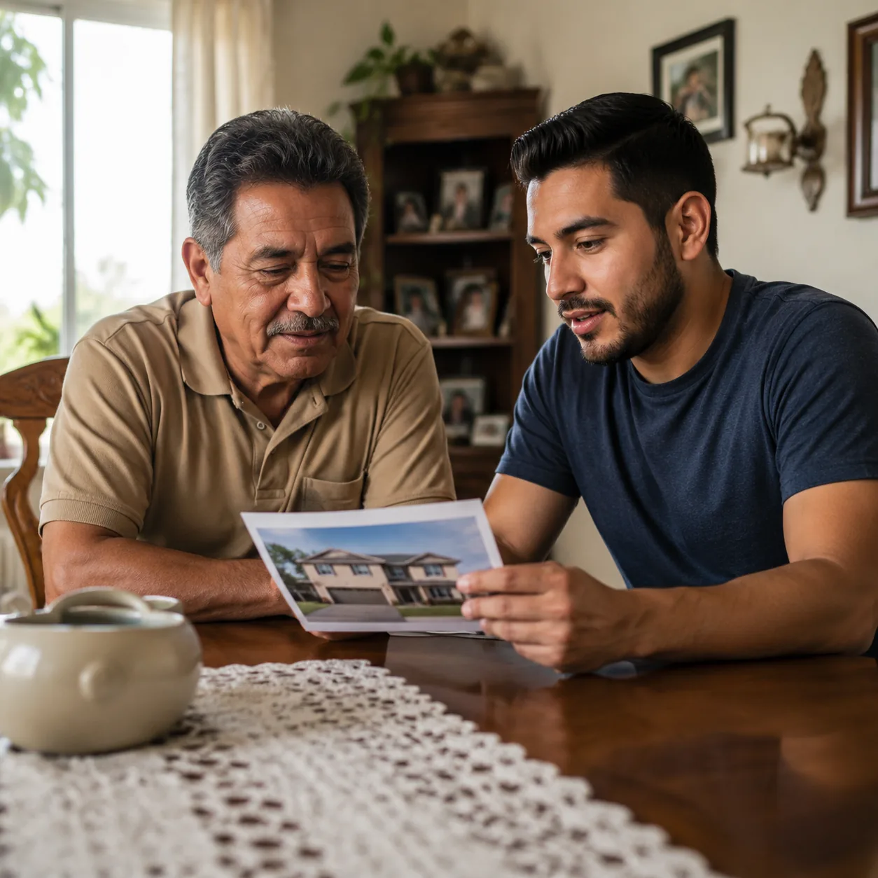 Realistic editorial photo of an older Latino relative and young buyer discussing a house listing at a dining table, warm