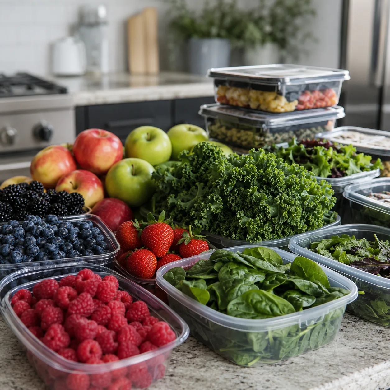 Realistic editorial photo of bulk berries, greens, and apples on a counter with meal prep containers, practical grocery