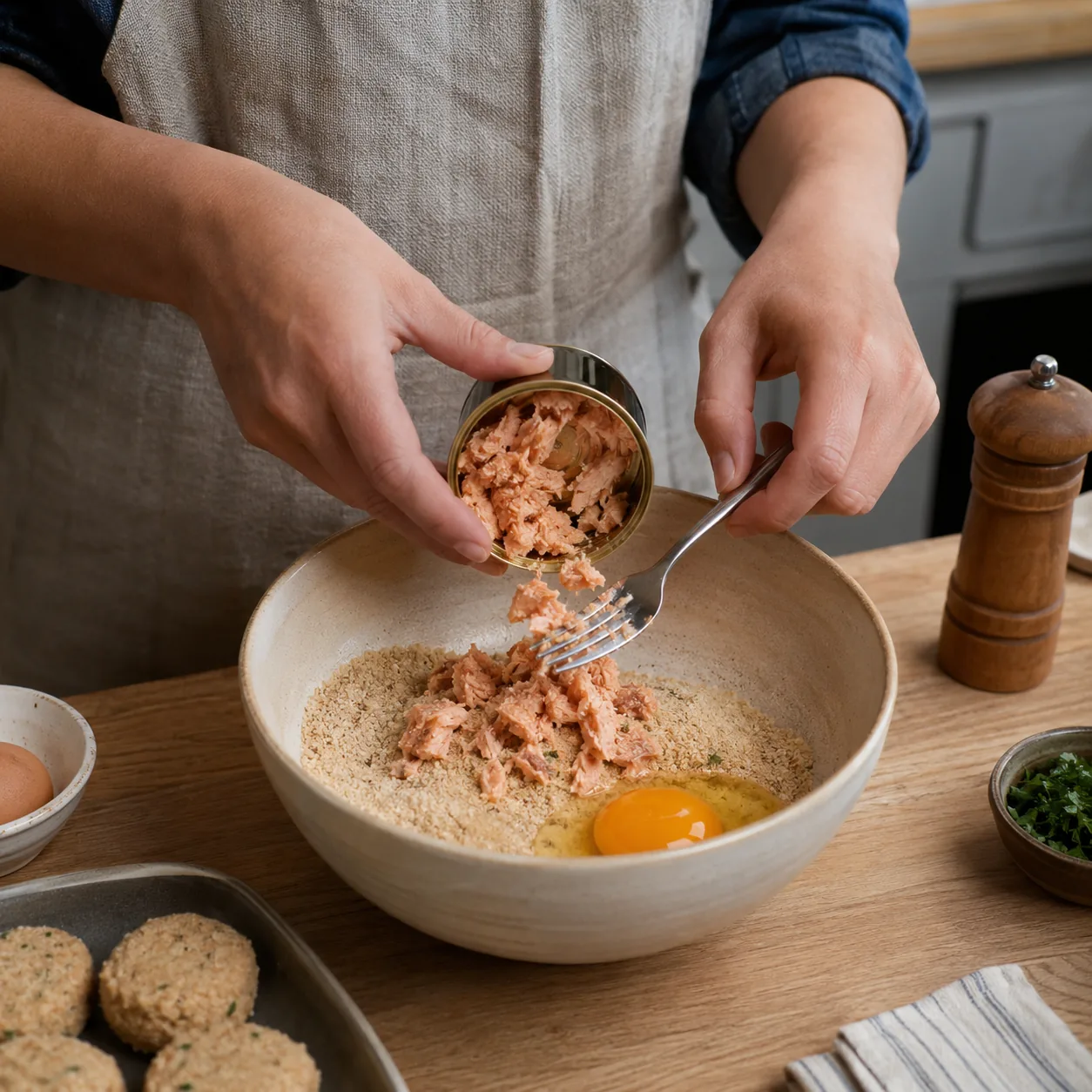 Realistic editorial photo of canned salmon being flaked into a mixing bowl with breadcrumbs and an egg on a kitchen coun