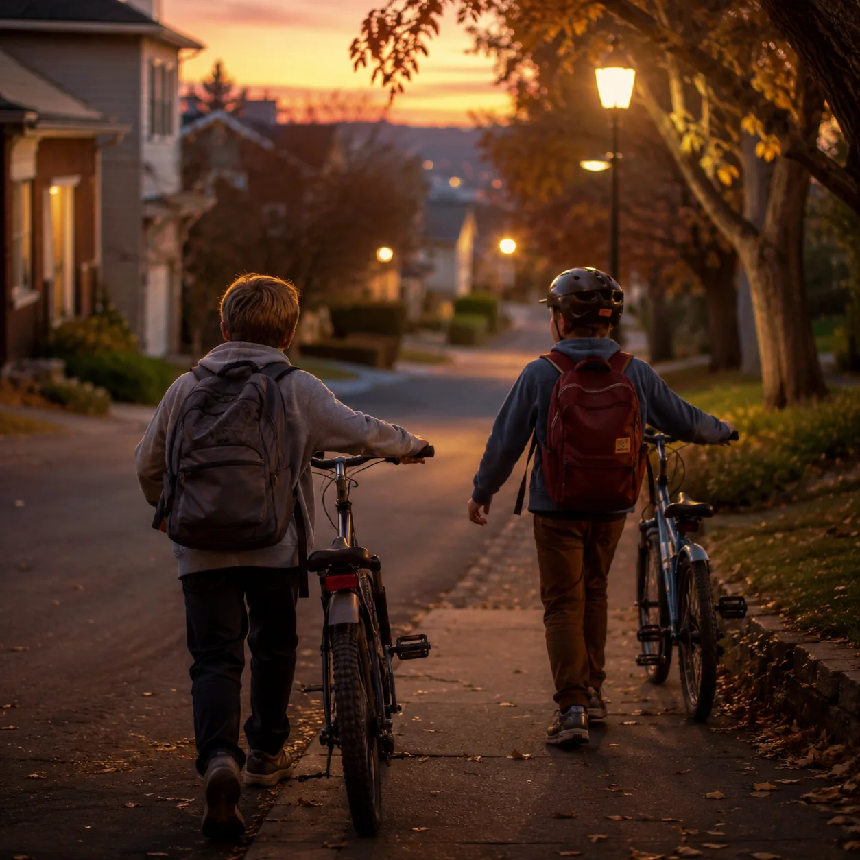 Realistic editorial photo of children walking home with bicycles at dusk as neighborhood streetlights begin glowing, war
