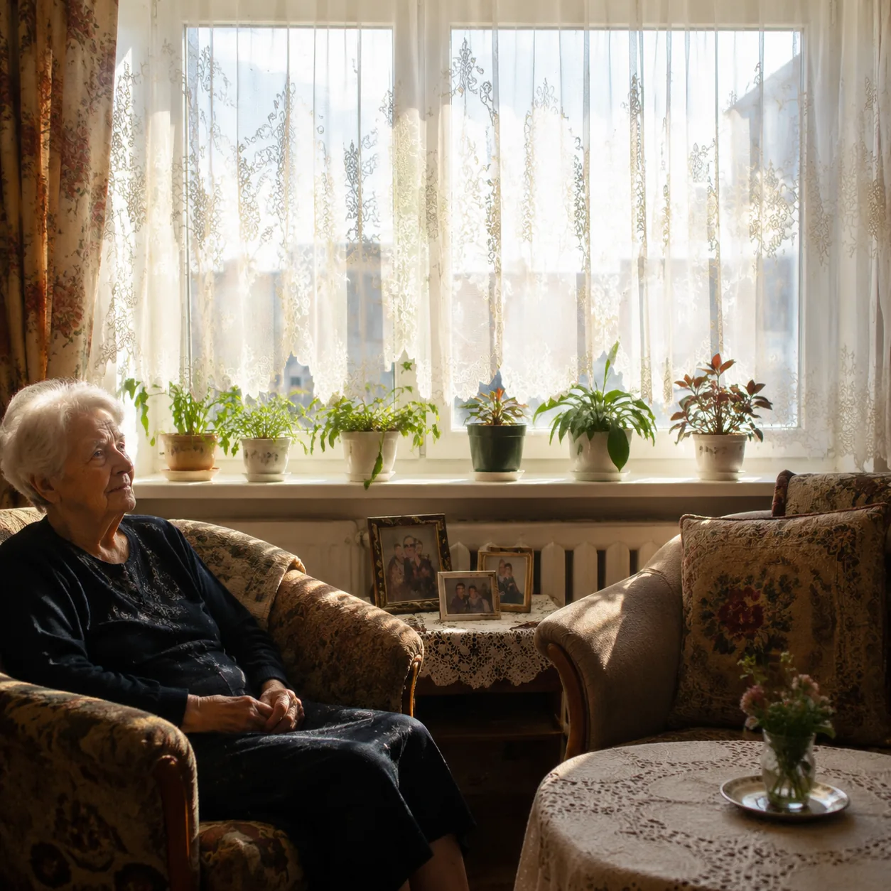 Realistic editorial photo of lace curtains glowing in a grandmother's living room window with plants on the sill, warm n