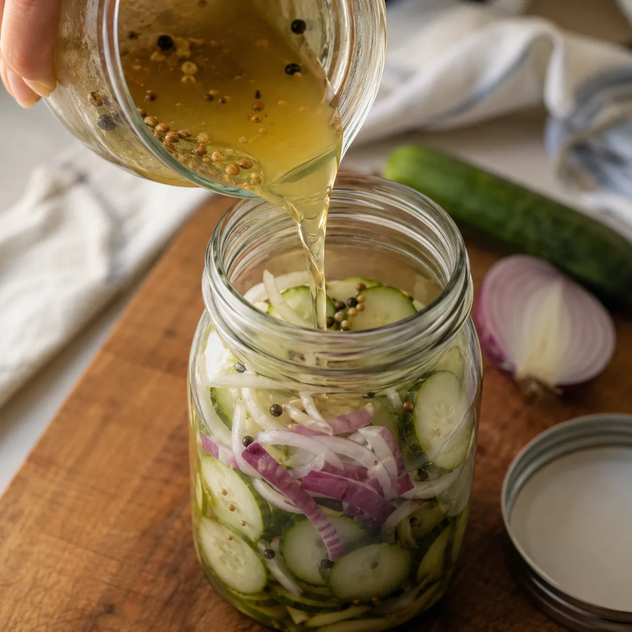 Realistic editorial photo of leftover pickle brine being poured over sliced onions and cucumbers in a glass jar, practic