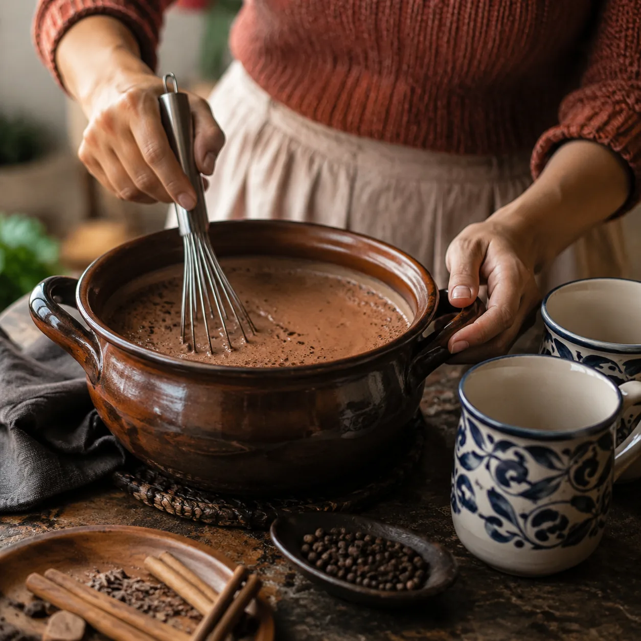 Realistic editorial photo of Mexican-style hot chocolate being whisked in a pot with cinnamon and mugs nearby, warm natu