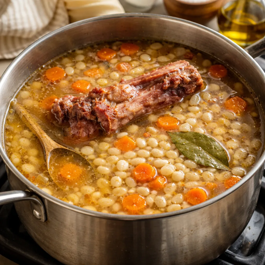 Realistic editorial photo of navy bean soup simmering with carrots, onion, and a ham bone in a kitchen pot, practical bu
