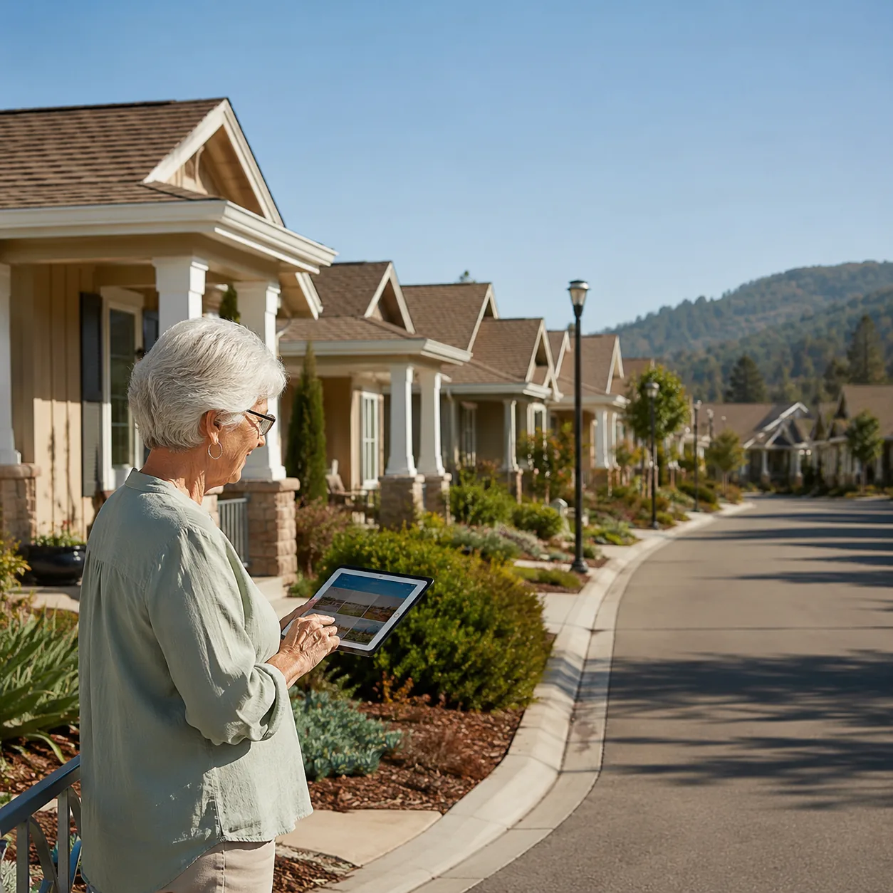 Realistic editorial photo of several similar homes in a retirement community street with an older buyer checking listing