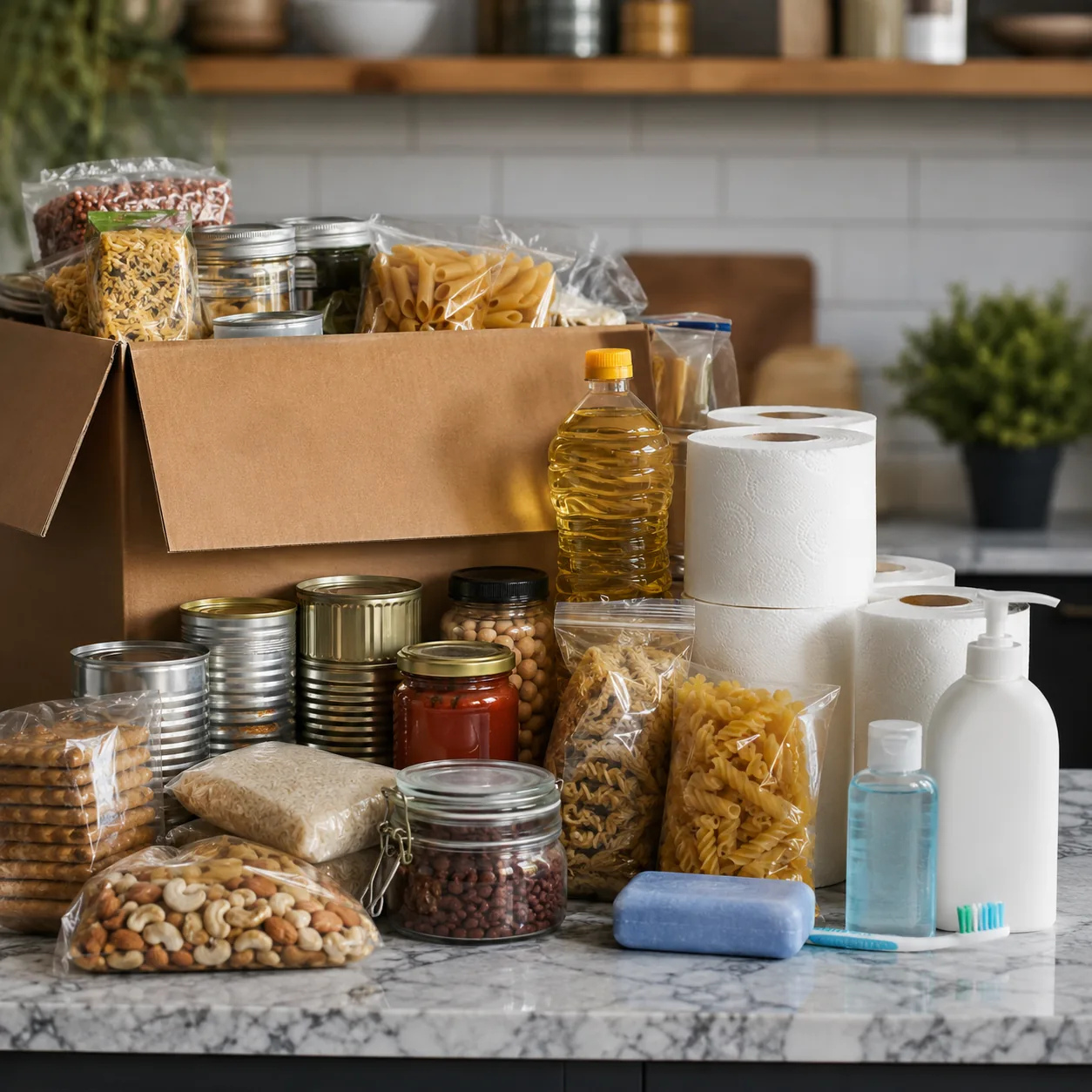 Realistic editorial photo of shelf-stable groceries, shipping box, and household supplies arranged on a counter, practic