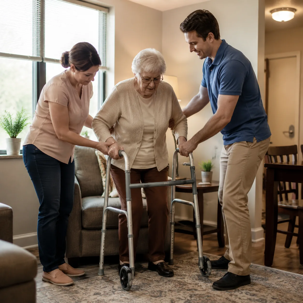 Realistic editorial photo of two caregivers safely helping an older resident transfer from chair to walker in an assiste