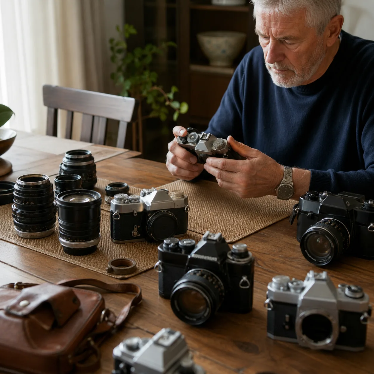 Realistic editorial photo of vintage film cameras and lenses on a dining table, soft daylight, practical appraisal scene