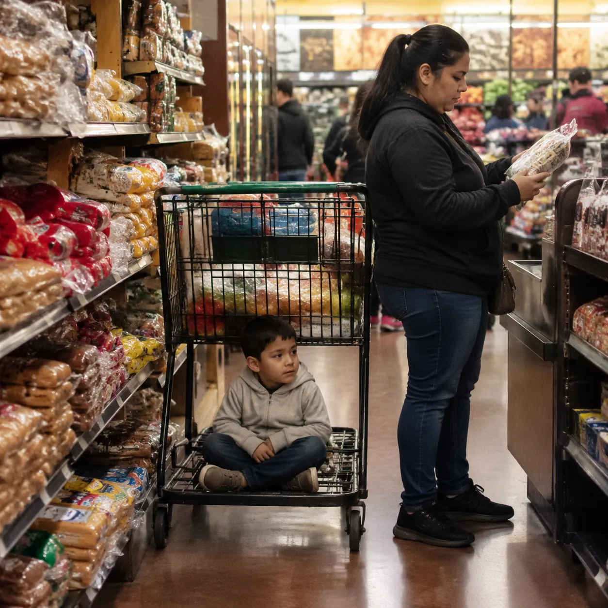 Realistic editorial photo of a child sitting quietly on a lower grocery cart rack while an adult shops in a crowded Lati