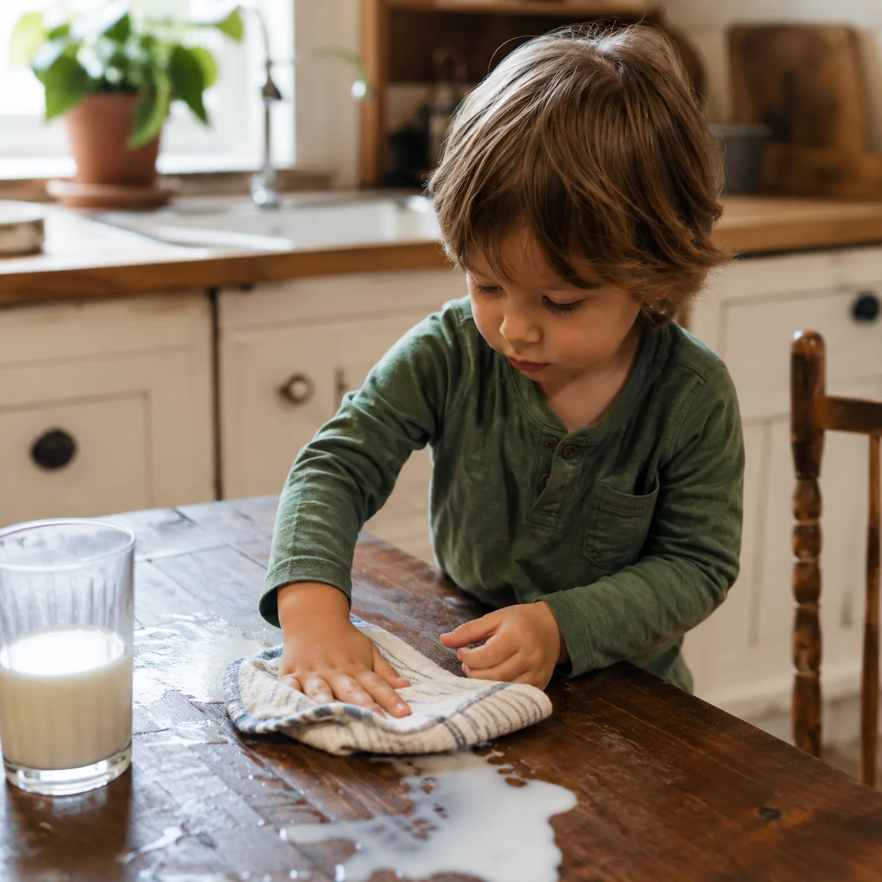Realistic editorial photo of a child wiping spilled milk from a kitchen table with a dish towel, warm natural light, pra