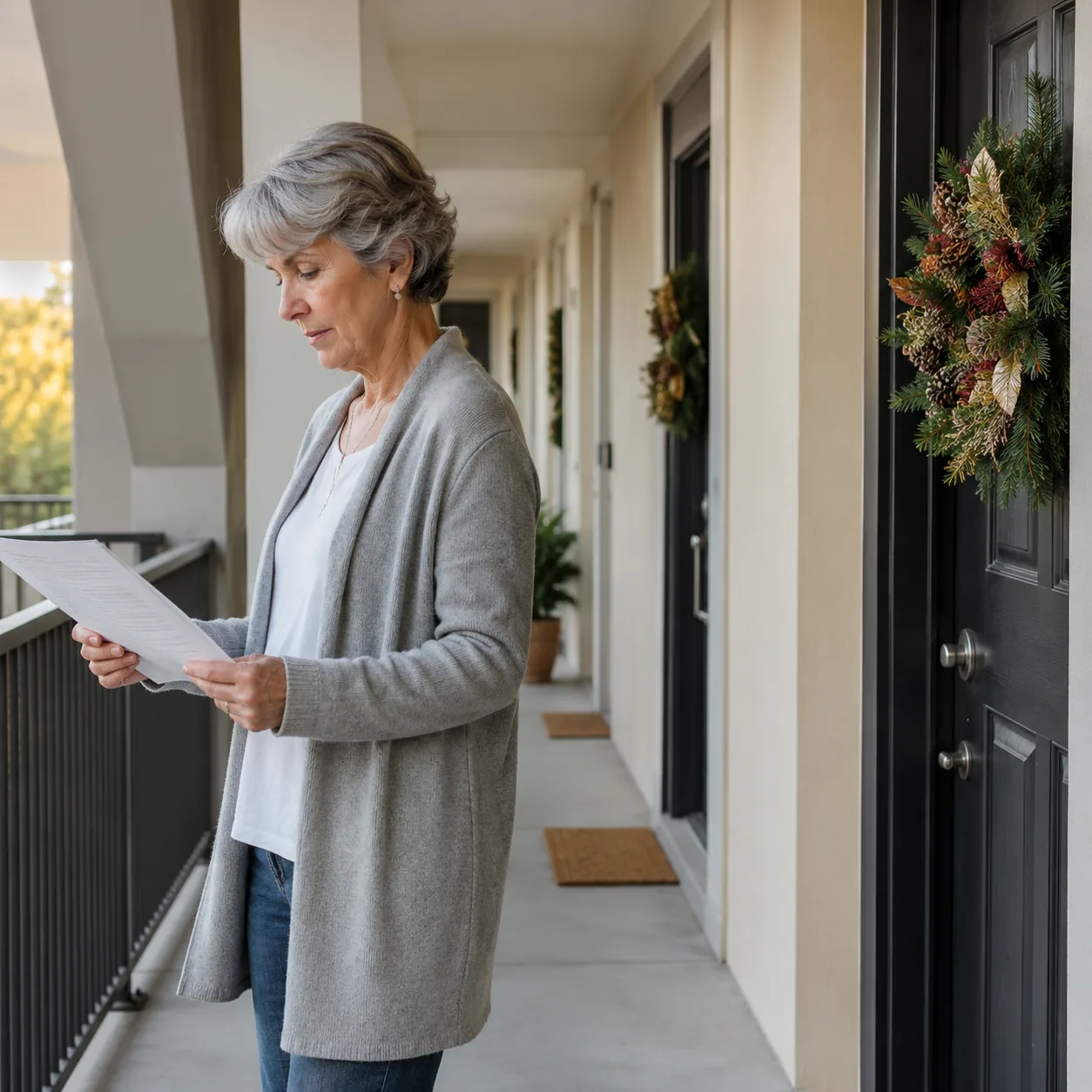 Realistic editorial photo of a condo hallway with tasteful seasonal wreaths and an older woman reading building decorati
