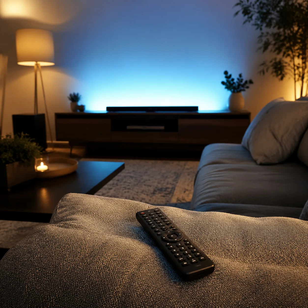 Realistic editorial photo of a couch, remote control, and TV glow in a tidy living room without visible screen details,