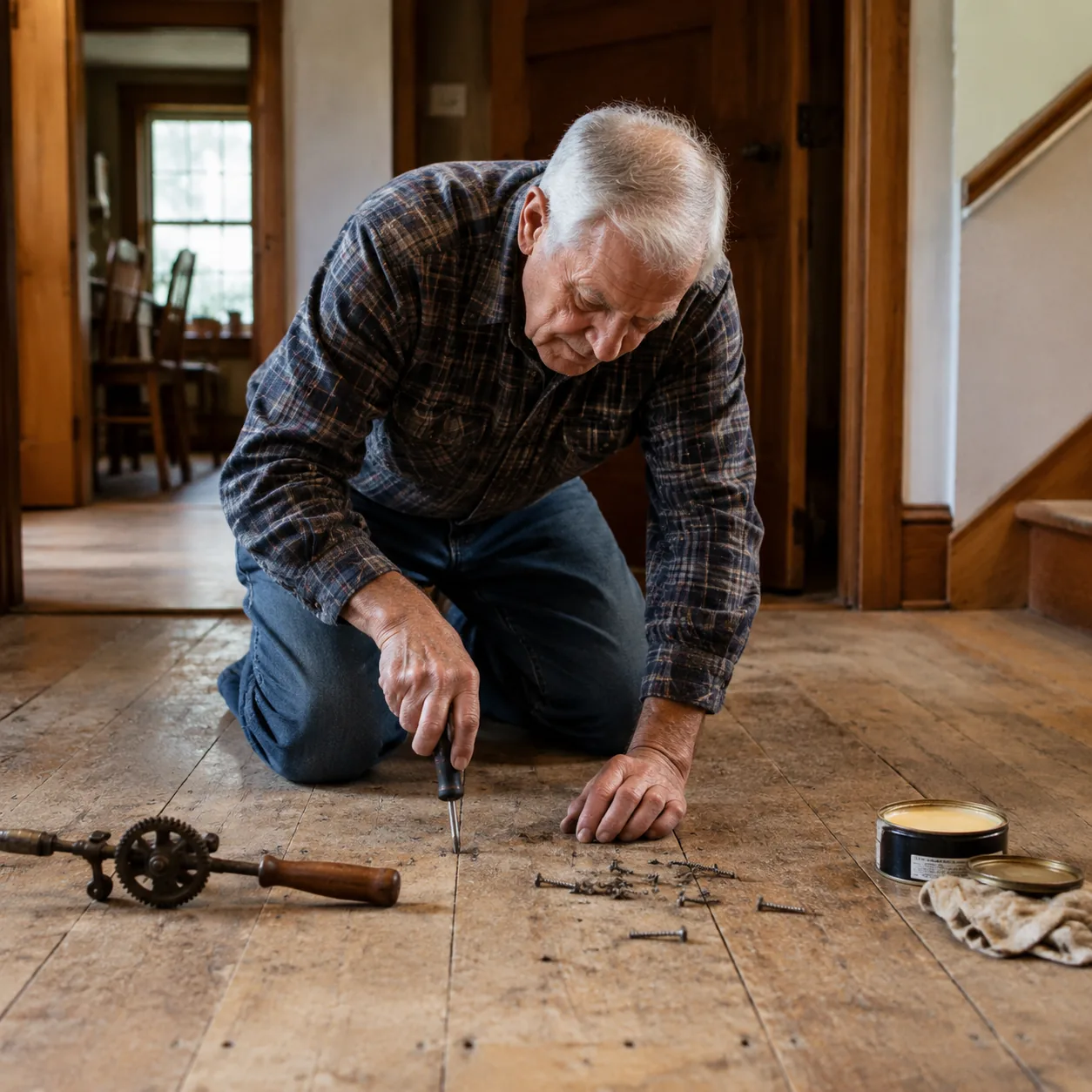 Realistic editorial photo of a grandfather kneeling on an old wood floor with screws, wax, and a hand drill nearby, warm