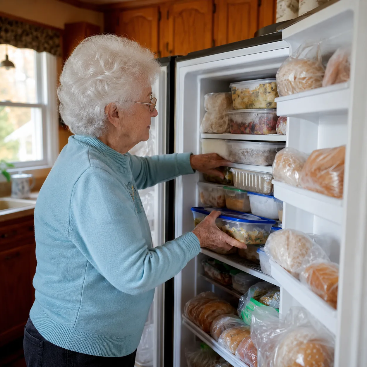 Realistic editorial photo of a grandmother opening a packed freezer with labeled containers, bread bags, and homemade me