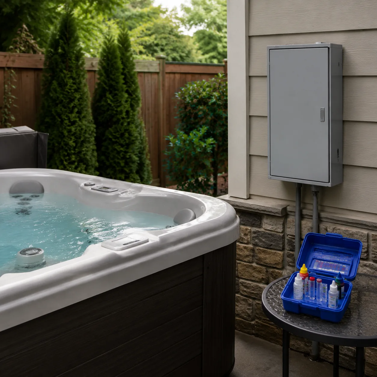 Realistic editorial photo of a hot tub on a backyard patio with water test kit and closed electrical panel nearby, pract