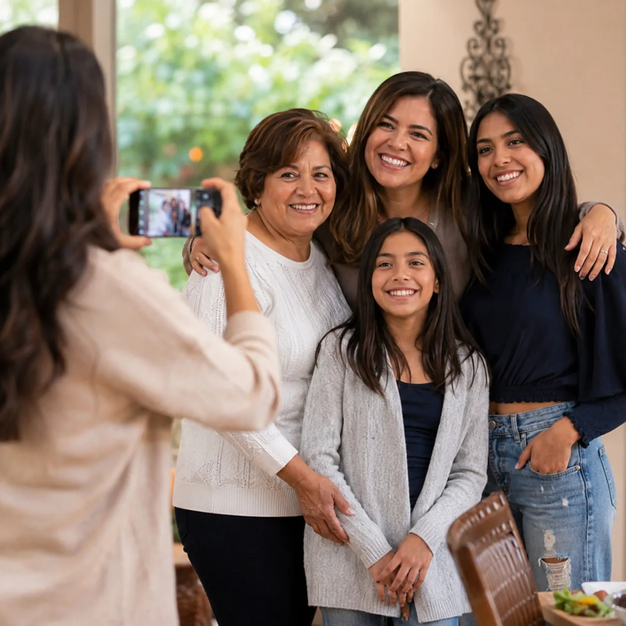 Realistic editorial photo of a Latina mother taking a casual family photo at a home gathering, warm natural light, reali