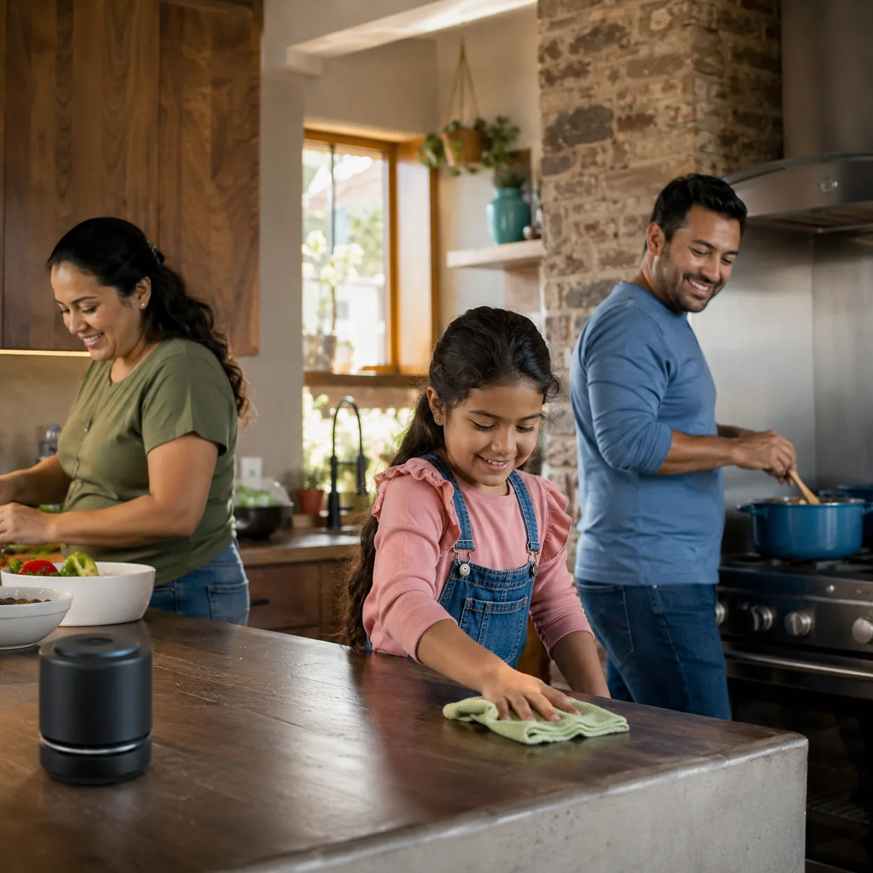 Realistic editorial photo of a Latino family cleaning and cooking while music plays from a small speaker in the kitchen,