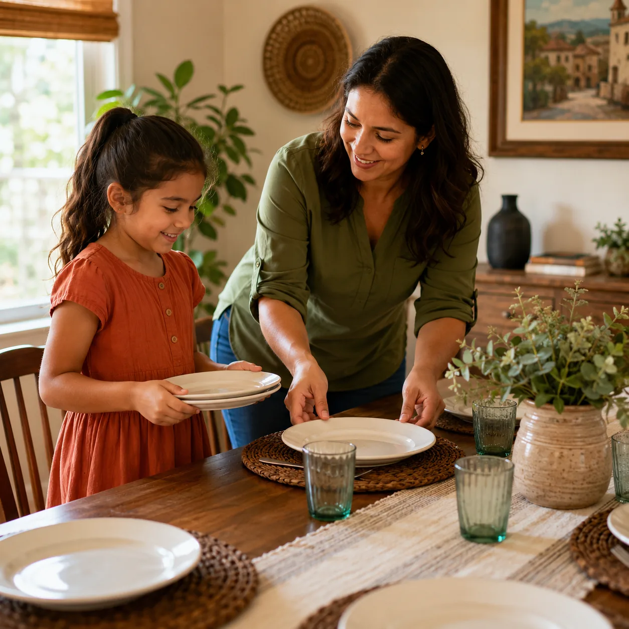 Realistic editorial photo of a Latino parent teaching a child to set a dining table before guests arrive, warm natural l