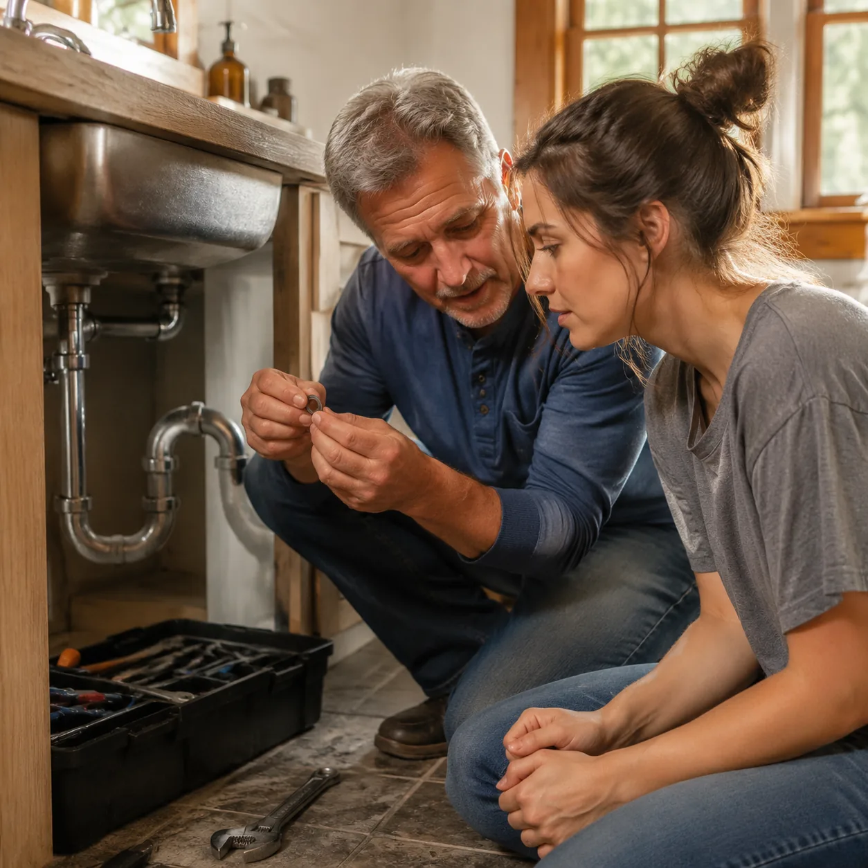 Realistic editorial photo of a parent teaching an adult child to replace a sink washer with basic tools, warm natural li