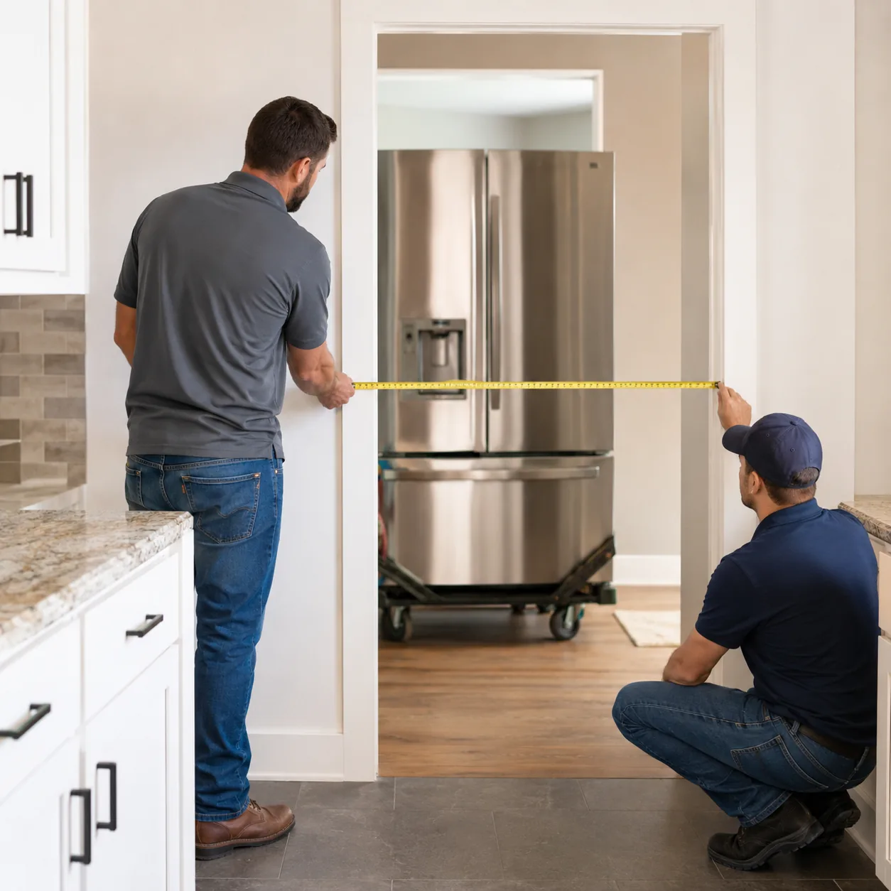 Realistic editorial photo of a refrigerator delivery path being measured through a kitchen doorway, practical consumer g