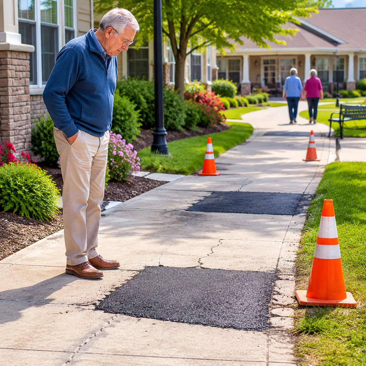 Realistic editorial photo of a retirement community sidewalk with cones, patched pavement, and an older visitor inspecti
