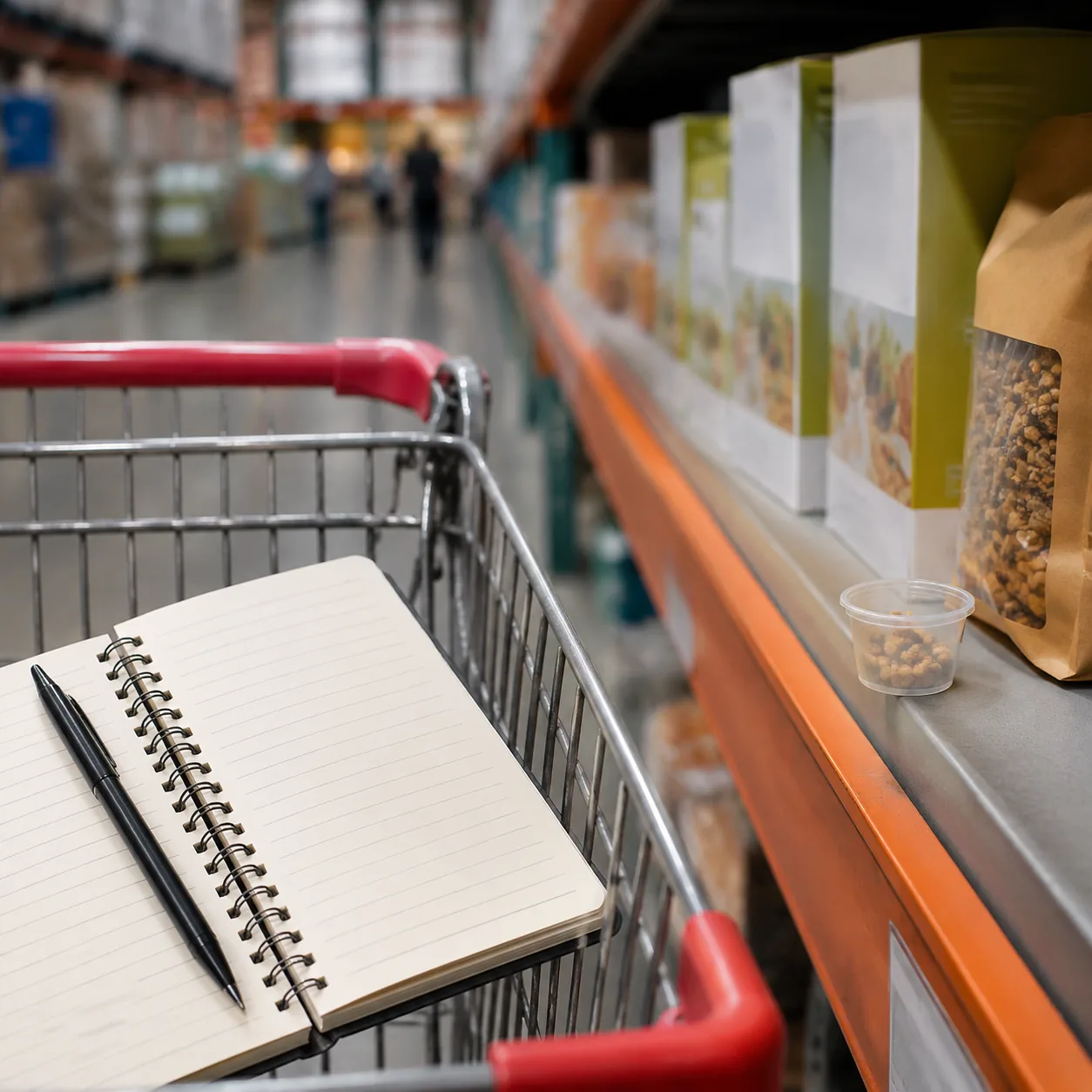 Realistic editorial photo of a shopping cart with grocery list and small sample cup on a warehouse aisle shelf, practica