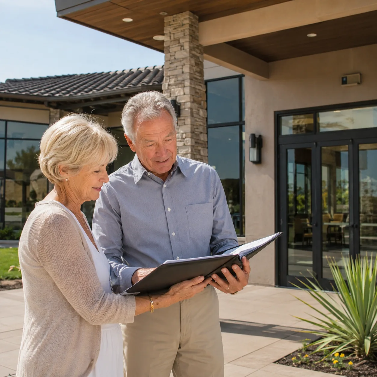 Realistic editorial photo of an older couple looking at a clubhouse entrance and membership folder in a retirement town,
