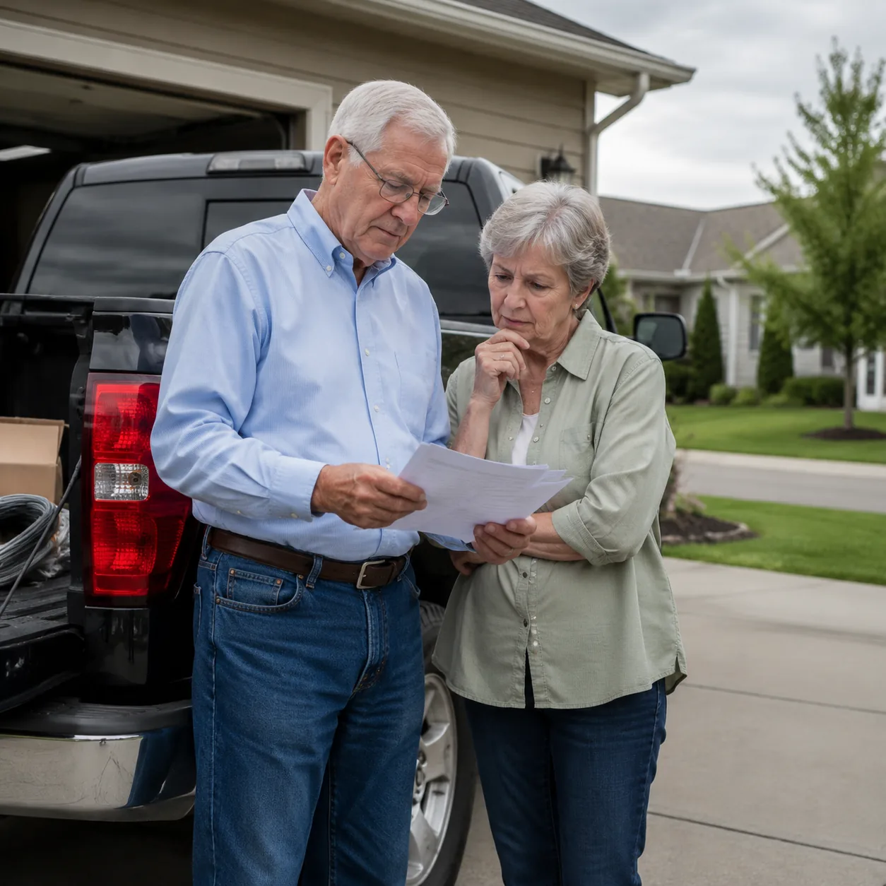 Realistic editorial photo of an older couple standing in a retirement community driveway with a pickup truck and garage