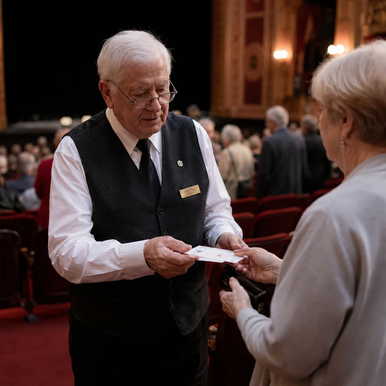 Realistic editorial photo of an older event usher checking tickets in a theater aisle before a performance, practical re