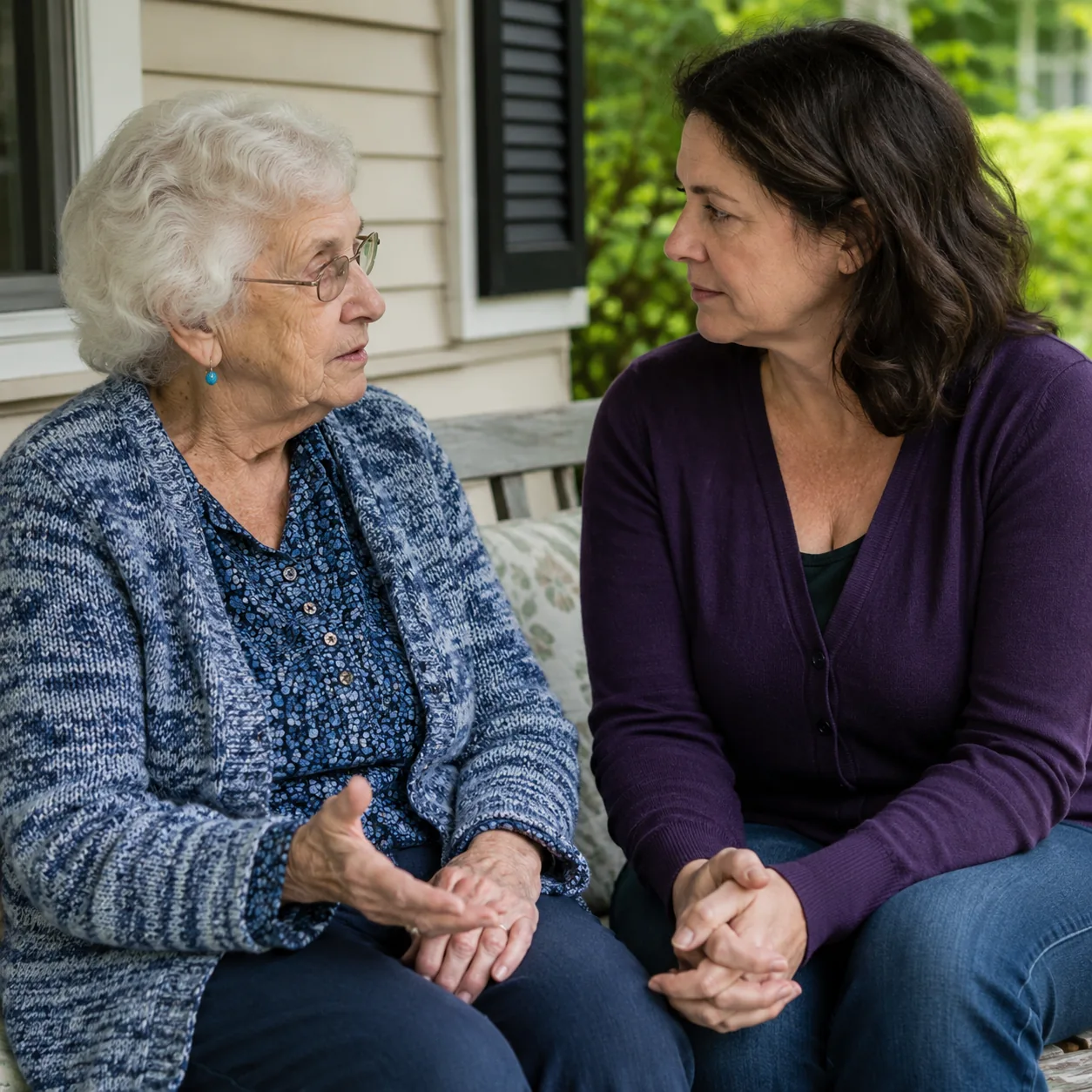 Realistic editorial photo of an older grandparent and adult grandchild sitting side by side on a porch during a serious