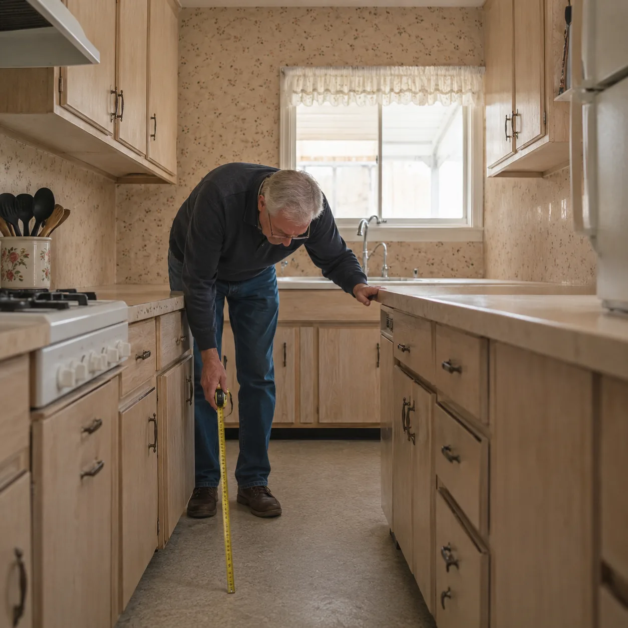 Realistic editorial photo of an older retirement community kitchen with low cabinets, narrow walkways, and a buyer measu