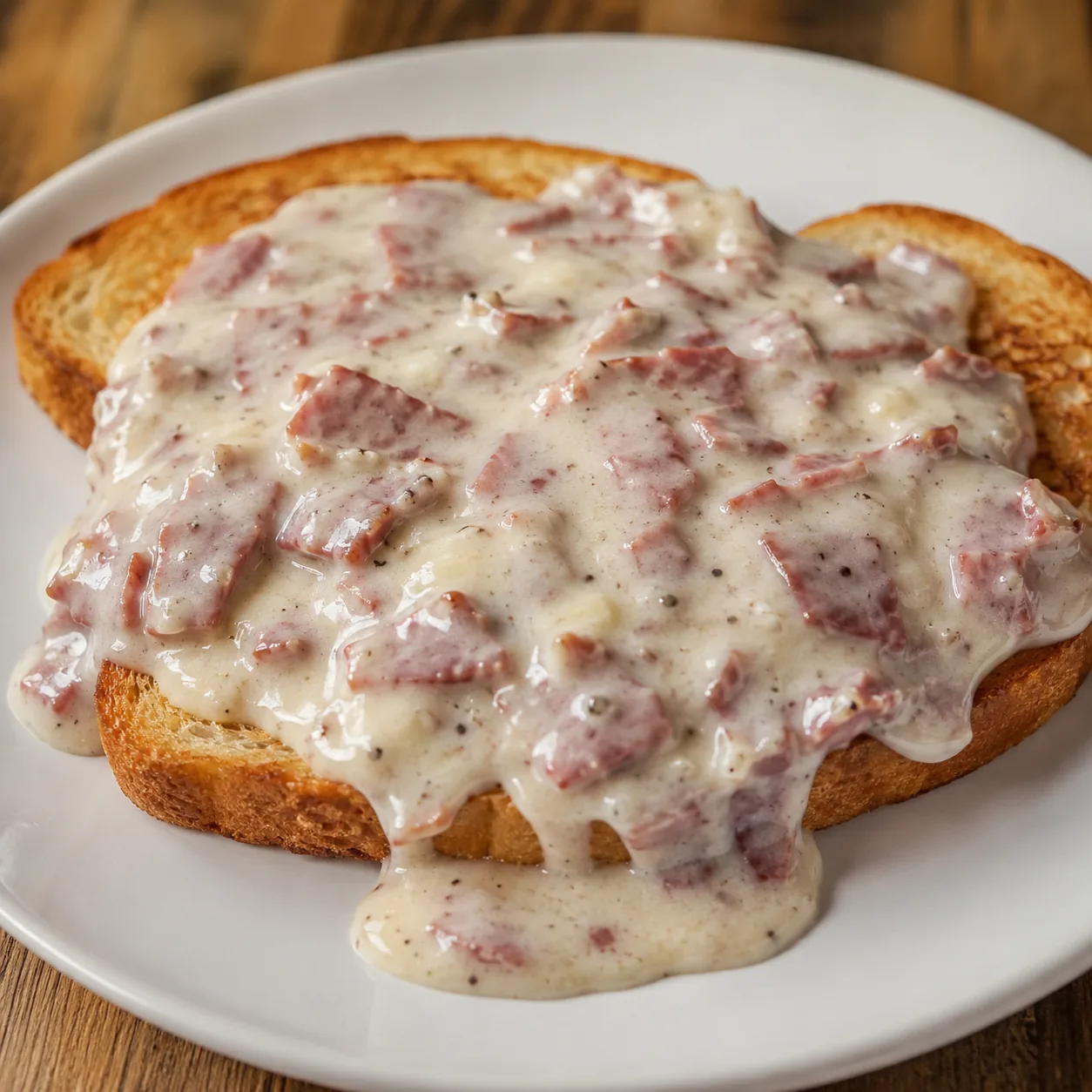 Realistic editorial photo of creamed chipped beef spooned over toast on a plain white plate, practical old-school budget