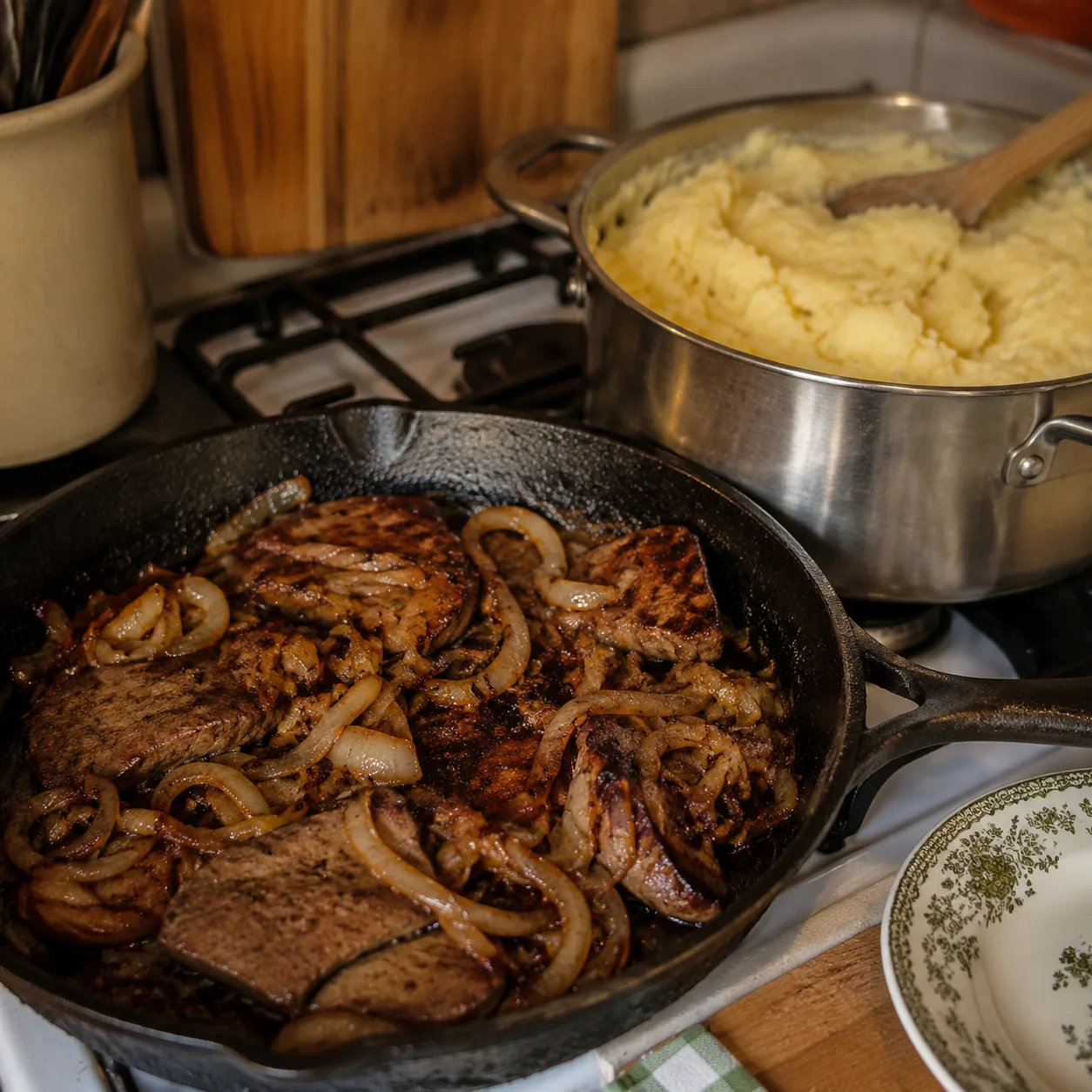 Realistic editorial photo of liver and onions in a skillet beside mashed potatoes on a kitchen stove, practical old-fash