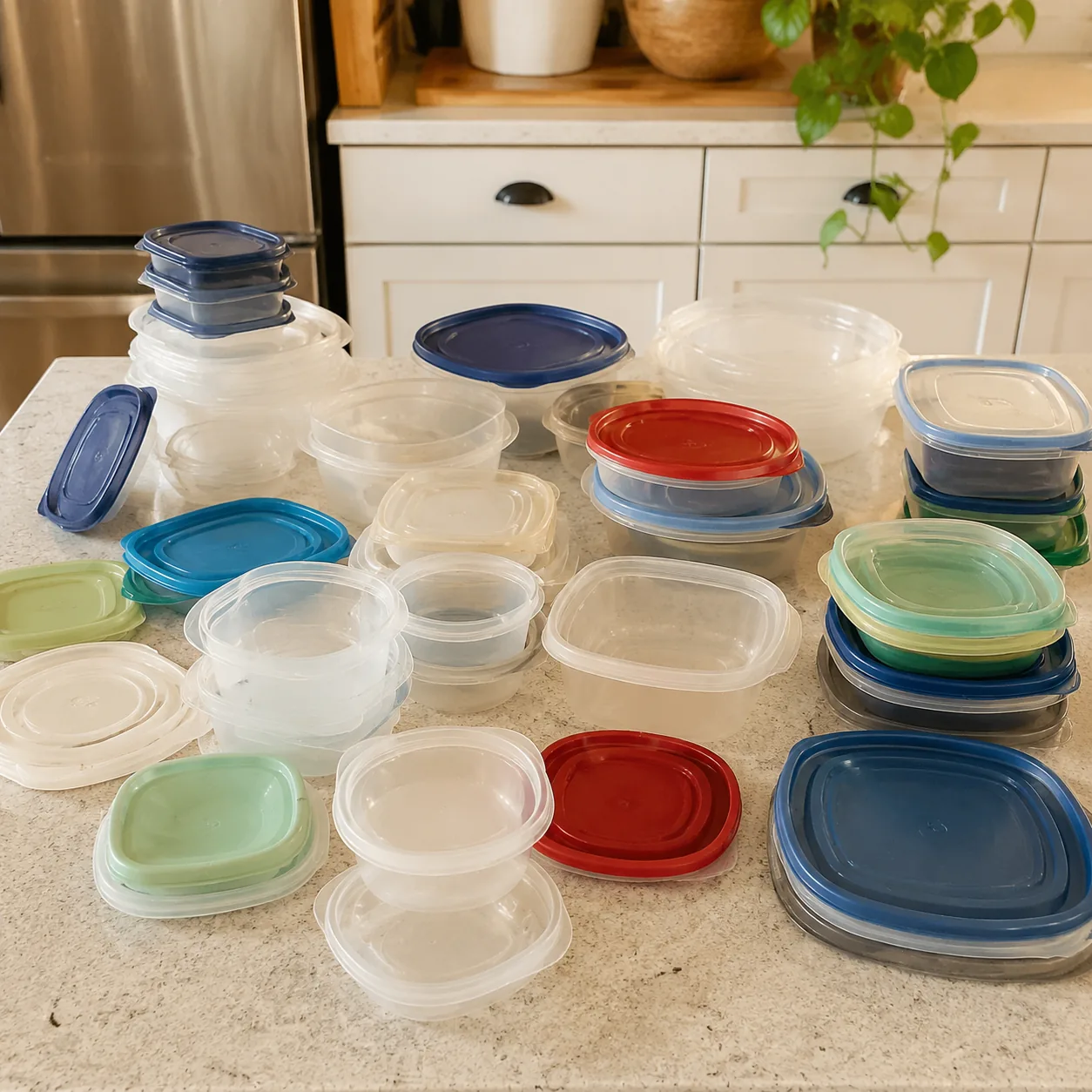 Realistic editorial photo of mismatched plastic food containers and lids spread across a kitchen counter, warm natural l