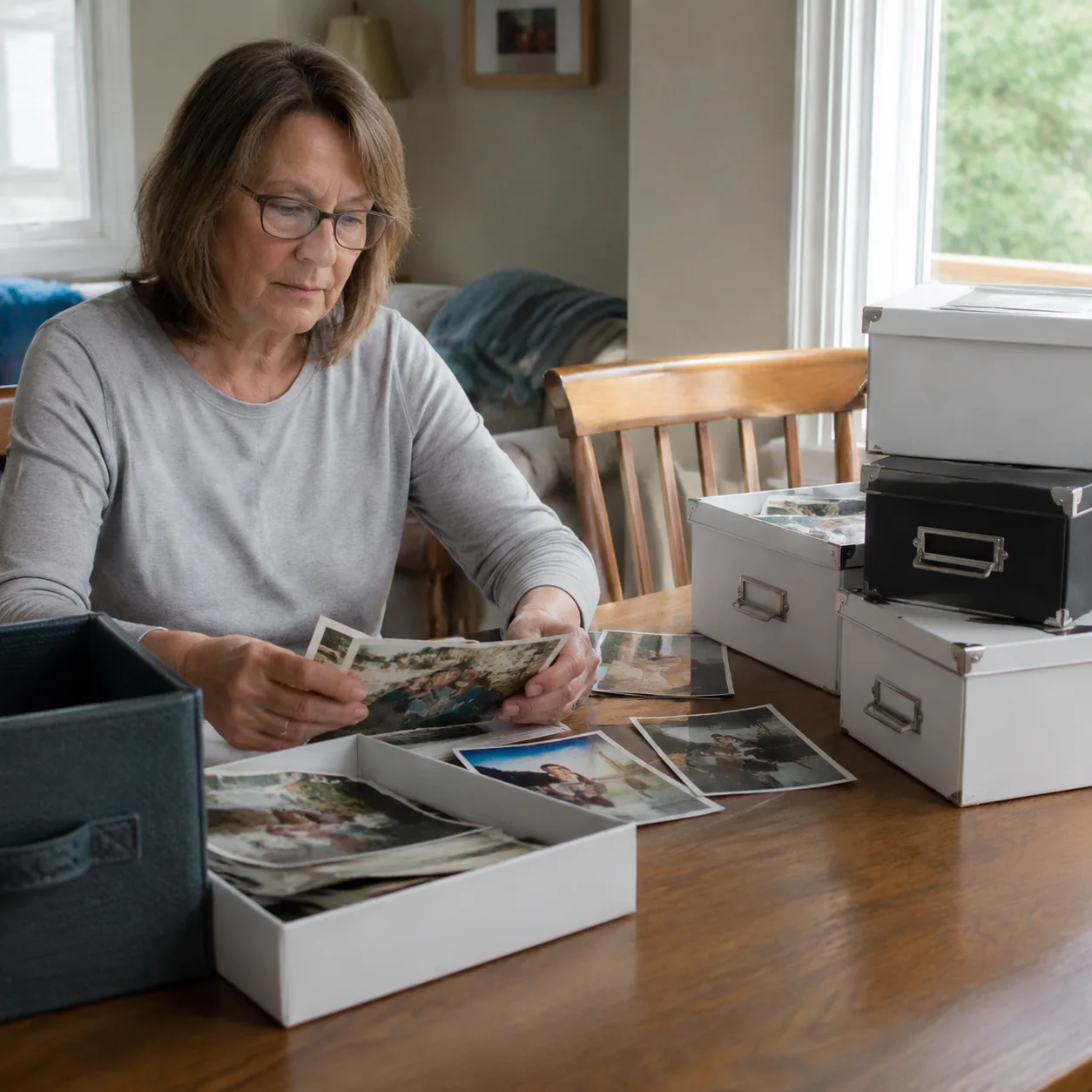 Realistic editorial photo of printed family photos being sorted into archival boxes on a dining table in a smaller home,