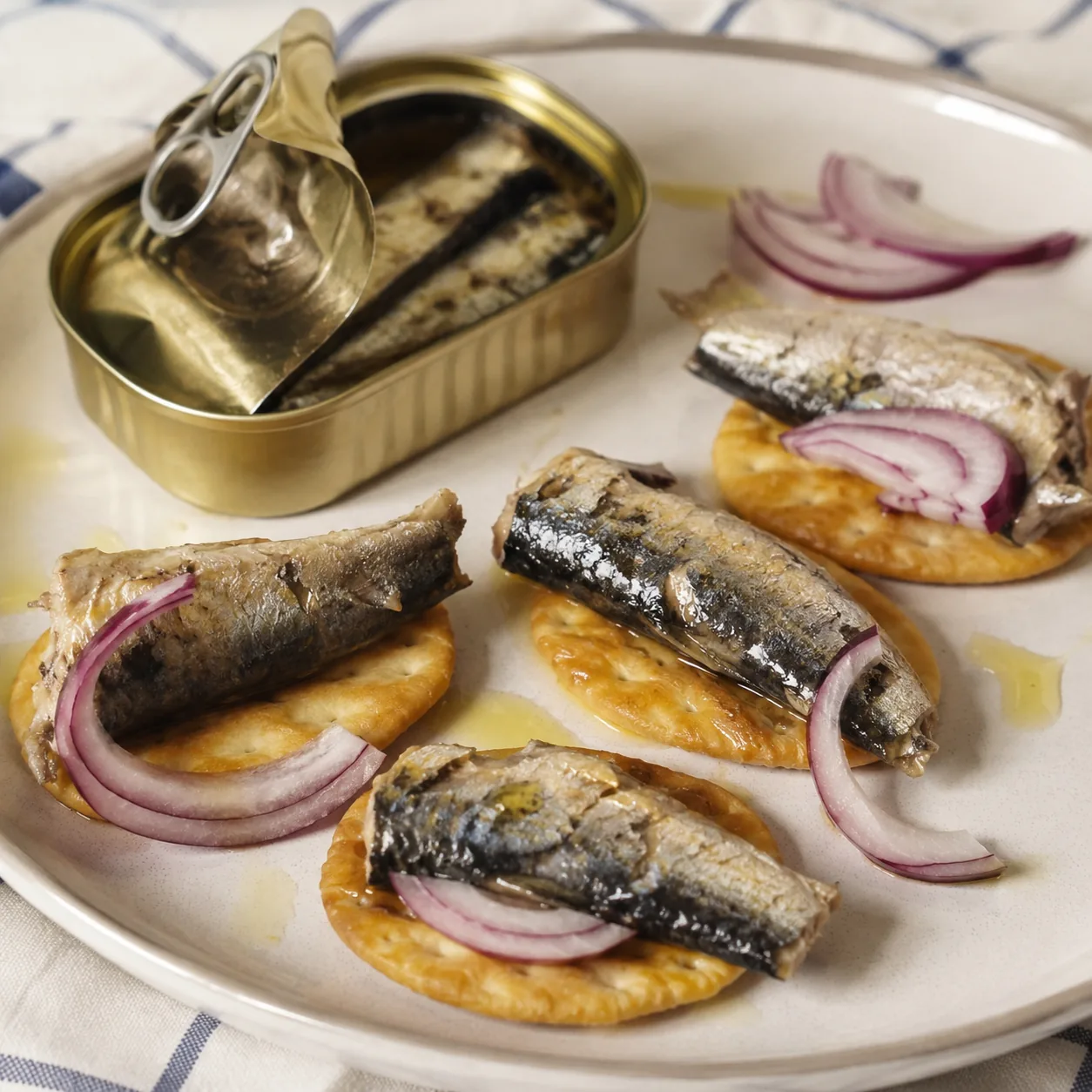 Realistic editorial photo of sardines from an opened tin arranged on crackers with onion slices on a plain kitchen plate