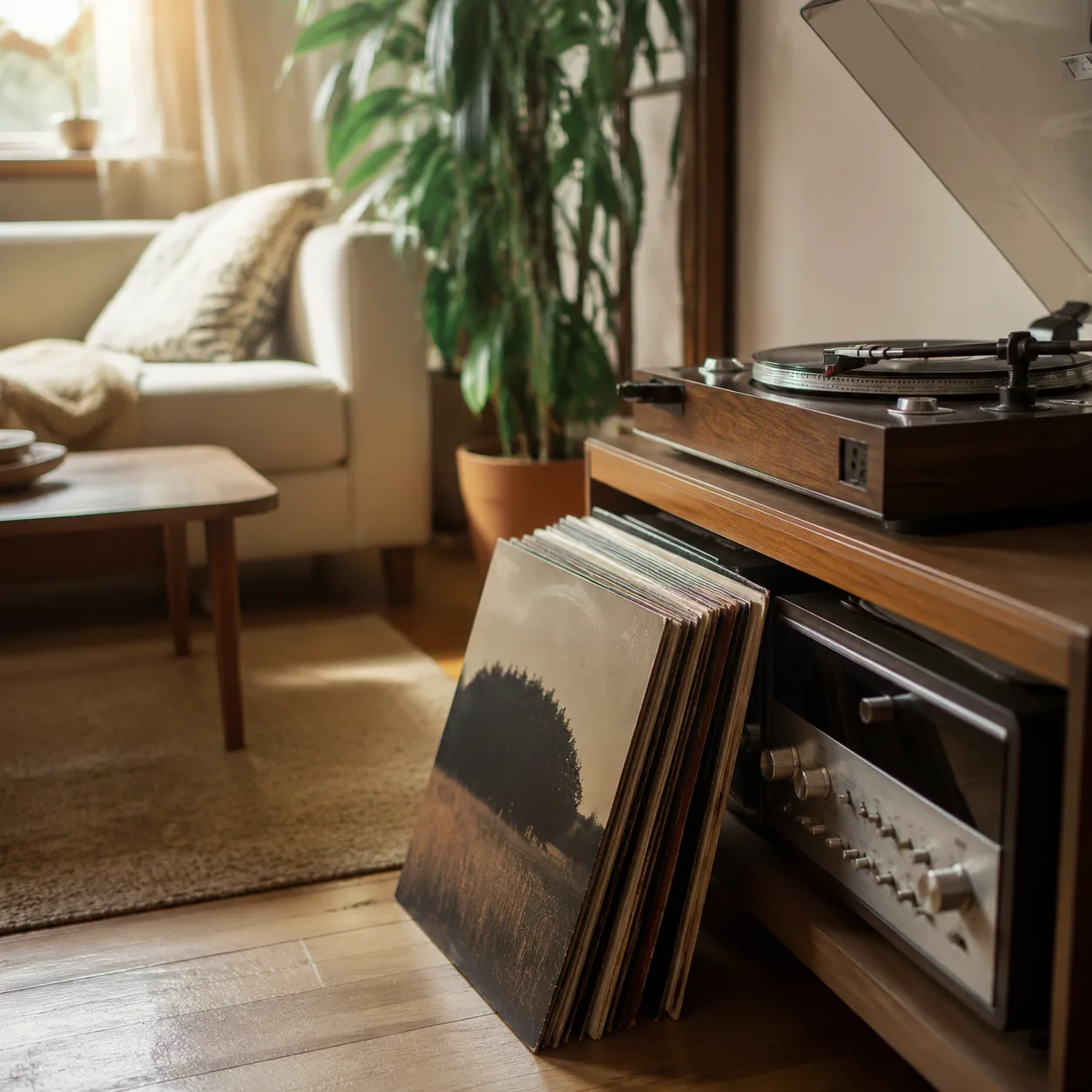 Realistic editorial photo of vinyl records leaning beside an old turntable in a family living room, warm natural light,