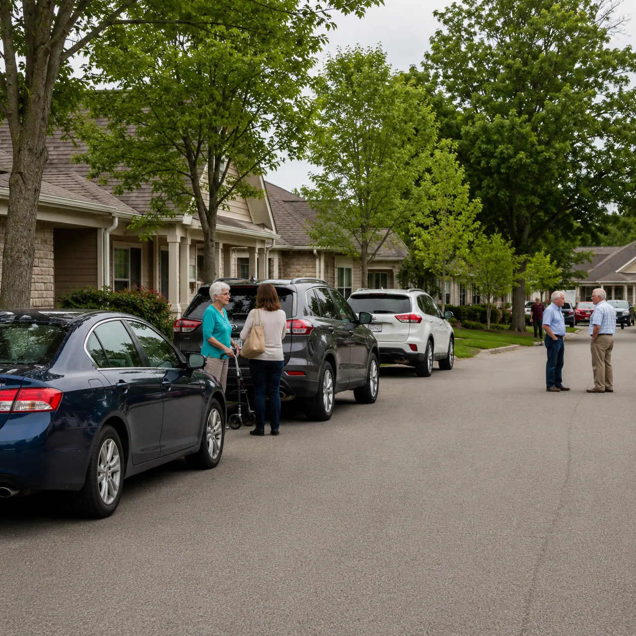 Realistic editorial photo of visitor cars parked along a retirement community street during a family gathering with olde